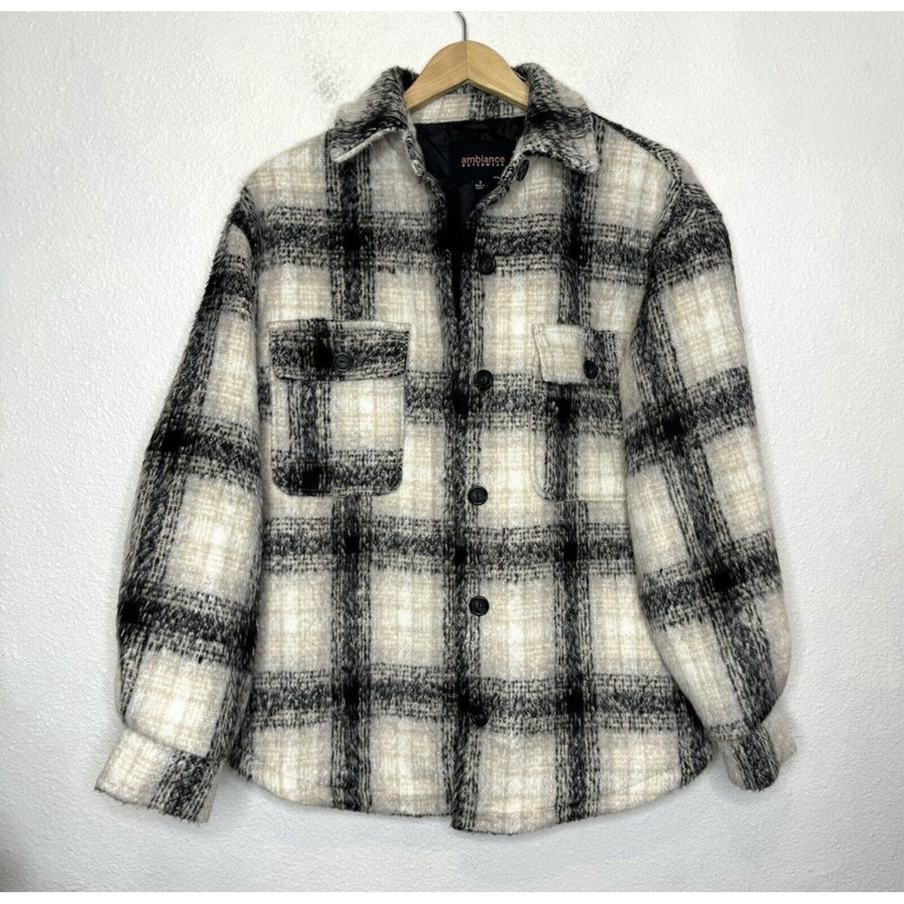 Ambiance Outerwear Black Cream Plaid Shacket Womens Small Oversized Jacket Boho